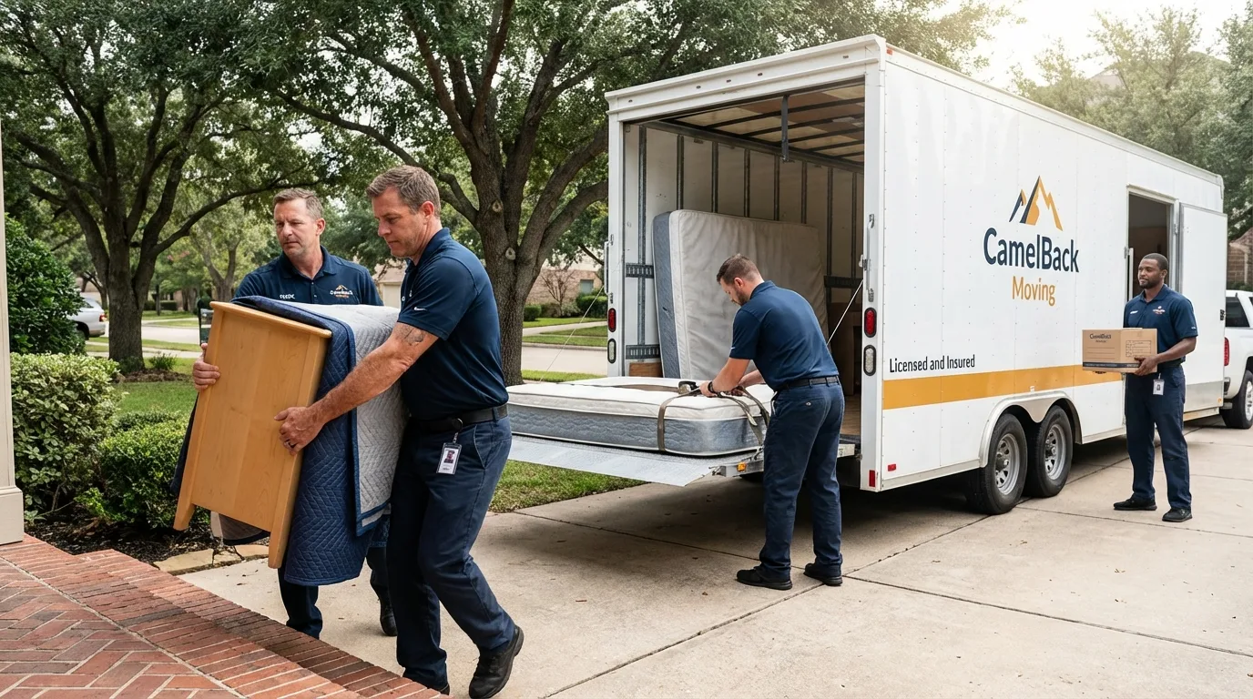 Crew loading residential truck for cross-state move from Pine Island, MN