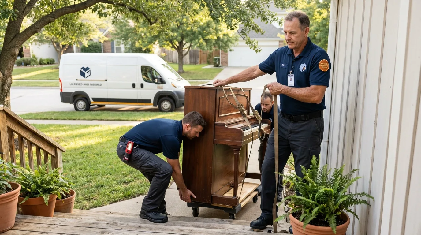 Licensed piano movers securing grand piano in Pine Island, MN