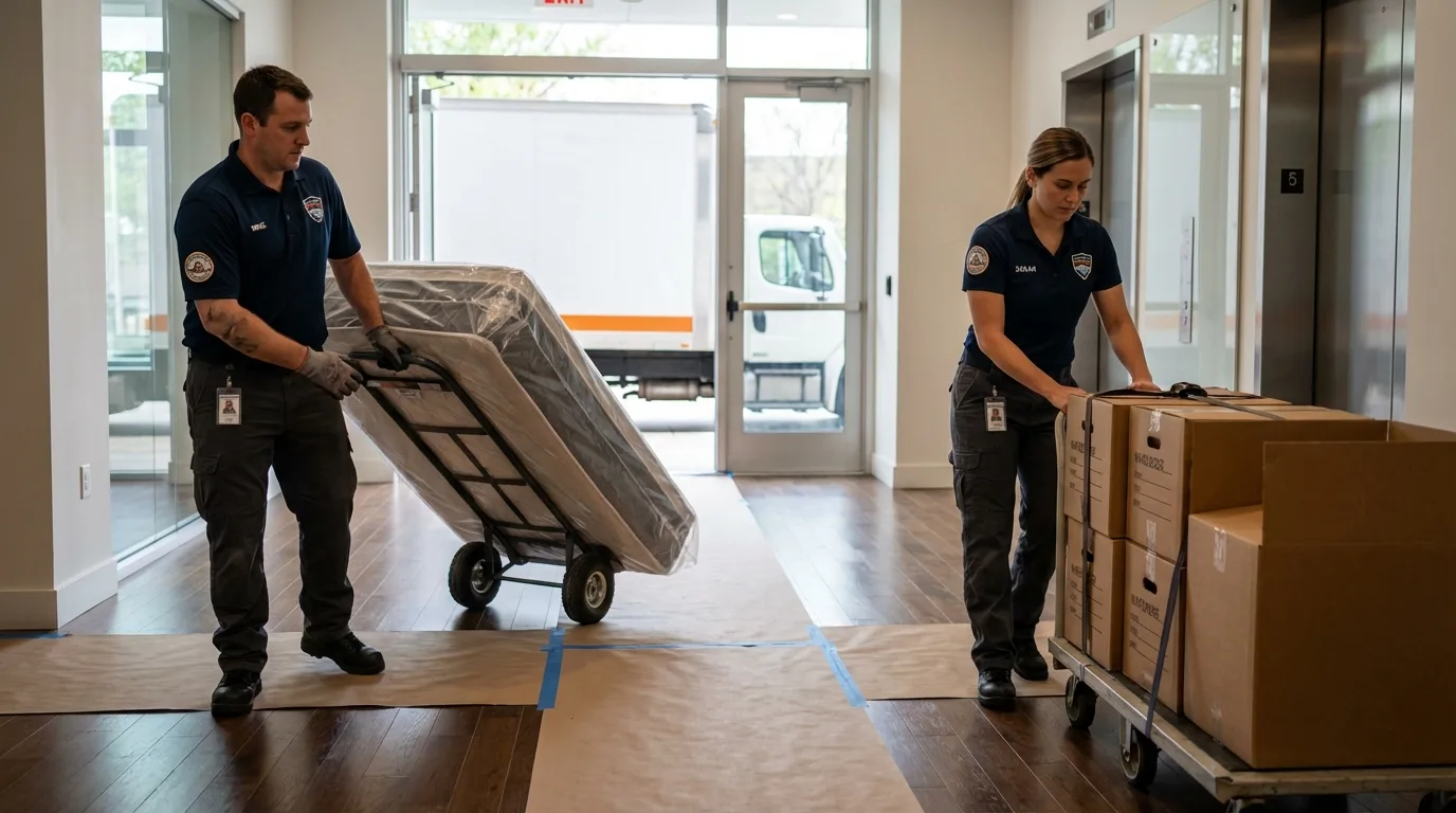 Professional apartment movers loading elevator in Pine Island, MN